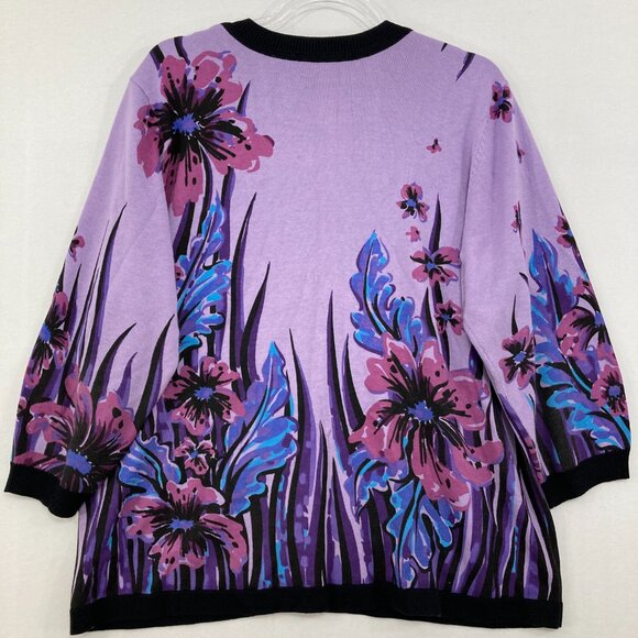 Bob Mackie Large Purple Blue Floral Artsy 3/4 Sleeve Button Cardigan Preppy - Picture 8 of 9